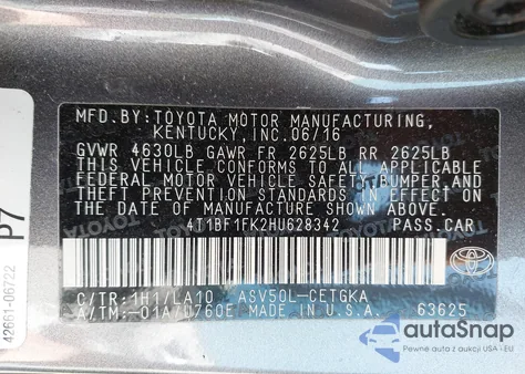 2017 Toyota Camry Xle из США, поврежденный, VIN 4T1BF1FK2HU628342